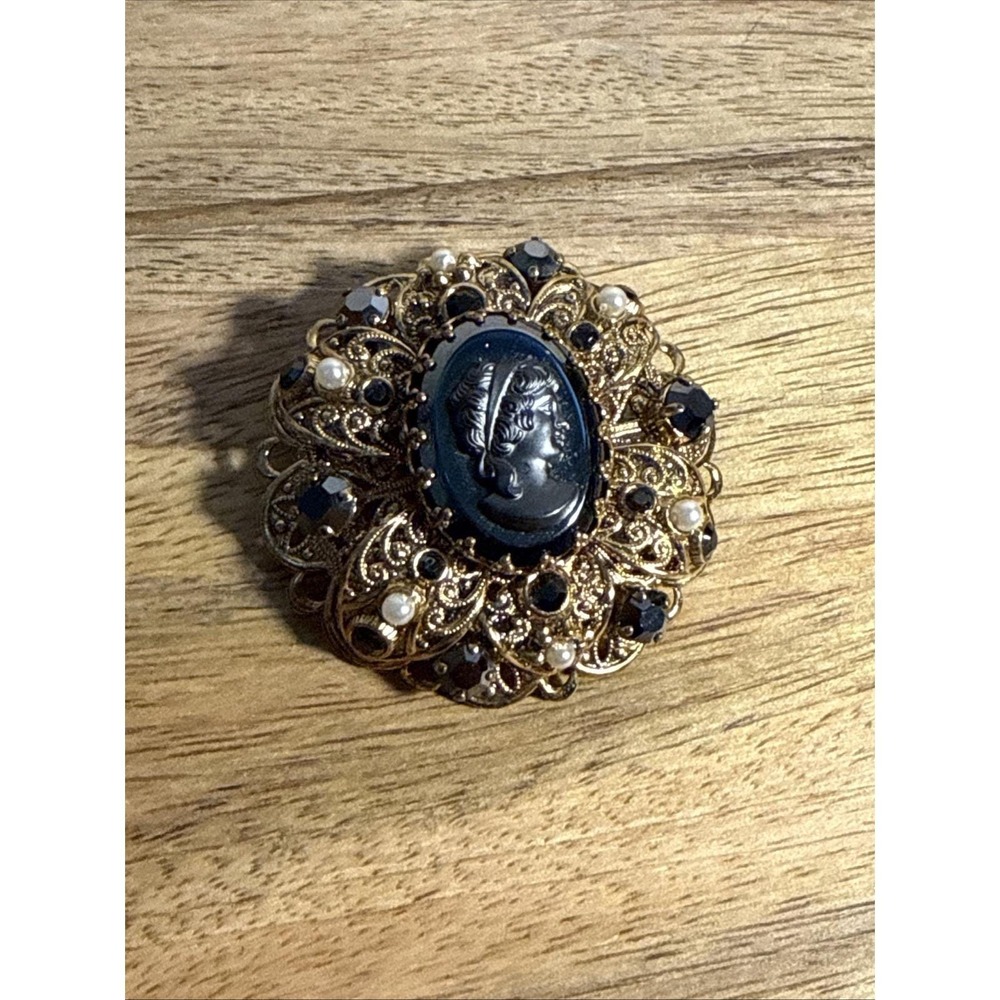 Vintage Cameo Brooch Pin Black Hematite Faux Pearl Filigree West Germany